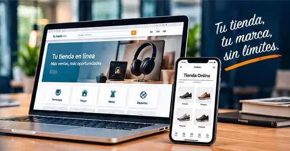 Laptop y celular mostrando una tienda en línea, con el lema «Tu tienda, tu marca, sin límites»